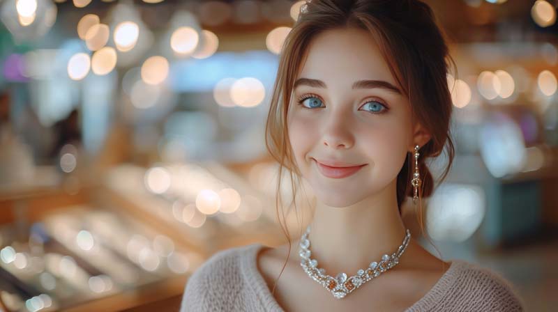 عکس خانم با گوشواره و گردنبند زیبا