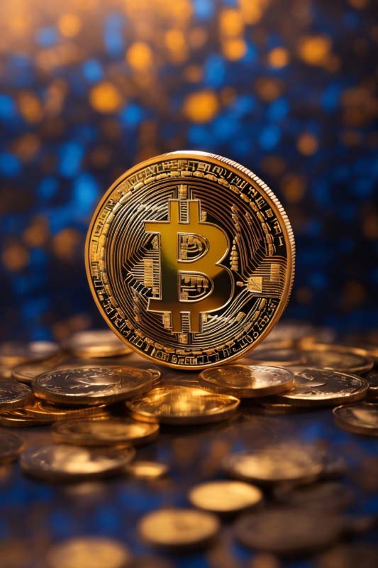 عکس بیت کوین و پس زمینه آبی و نارنجی