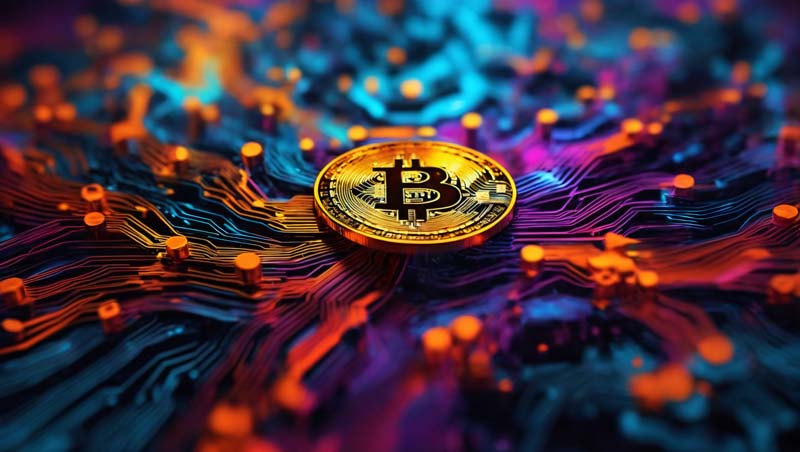 عکس بیت کوین و مدار رنگارنگ