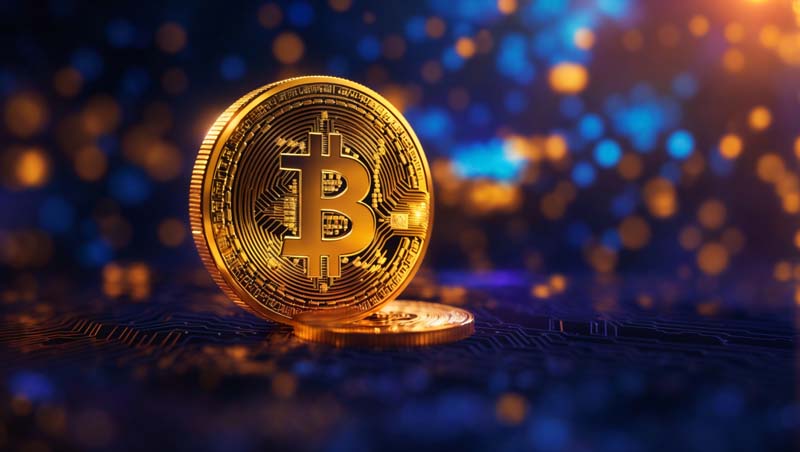 عکس بیت کوین و نور های آبی و نارنجی