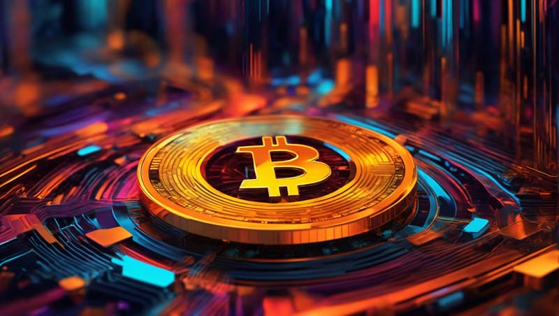 عکس بیت کوین نارنجی در محیط رنگین