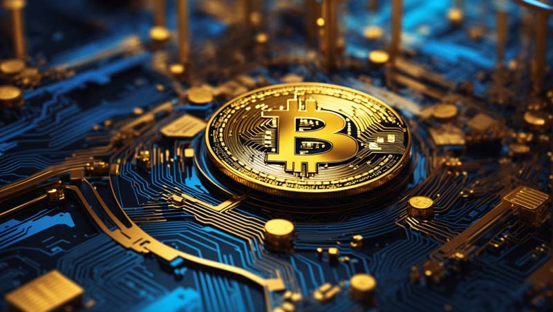عکس بیت کوین با مدار زرد و آبی