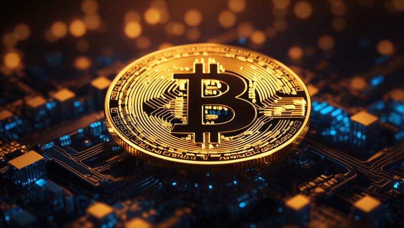 عکس بیت کوین و مدار با چراغ های رنگین