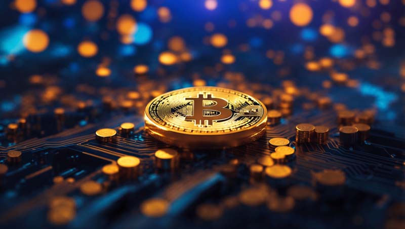 دانلود تصویر بیت کوین روی مدار آبی