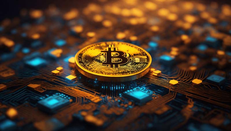 دانلود تصویر بیت کوین روی مدار نارنجی