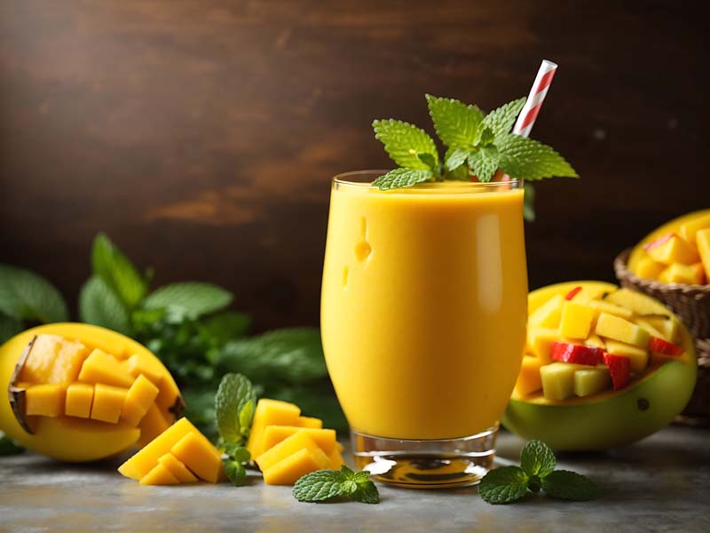 تصویر زیبا از آب انبه در لیوان پایه طلایی