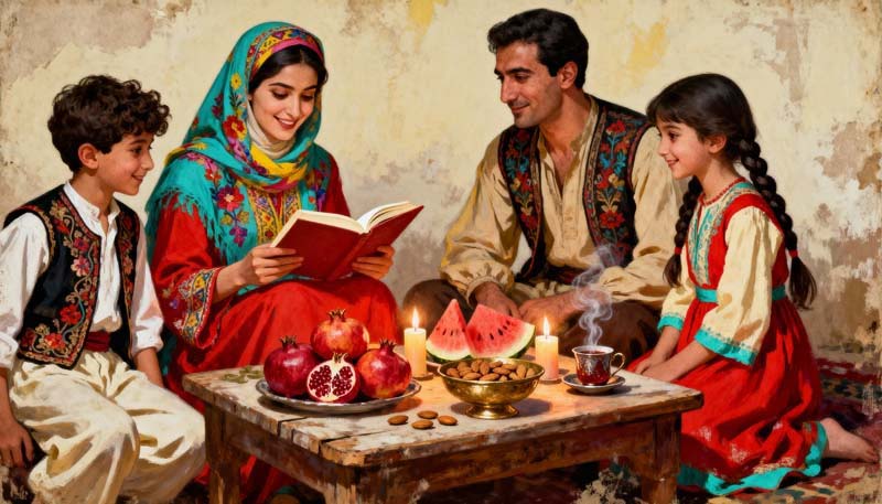 تصویر با کیفیت شب یلدا کنار خانواده با فال حافظ