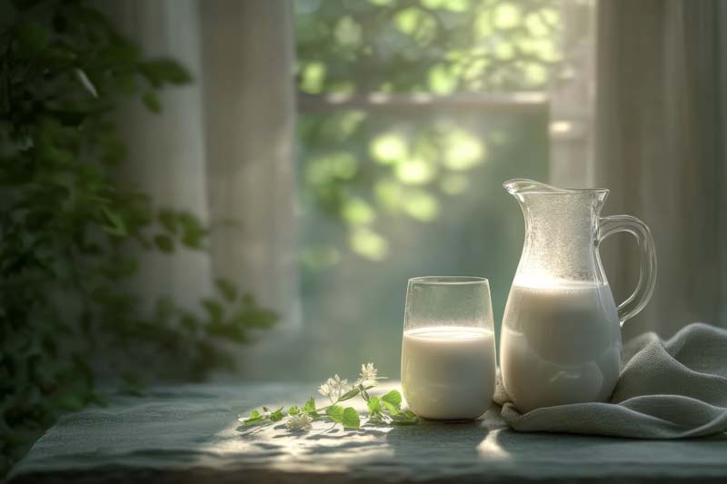 عکس لارج فرمت از لیوان و پارچ دوغ روی میز