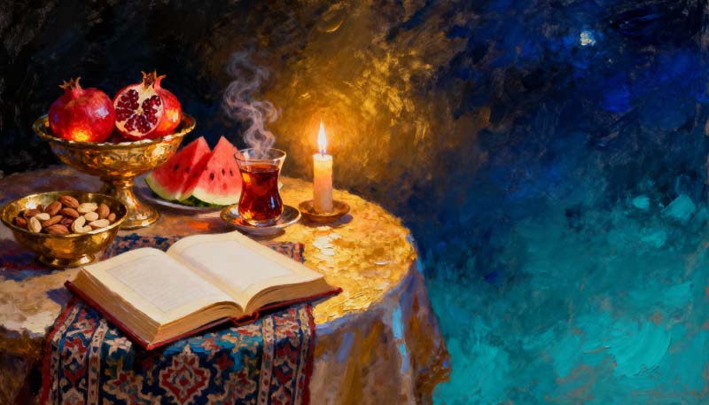 تصویر میز شب یلدا با شمع