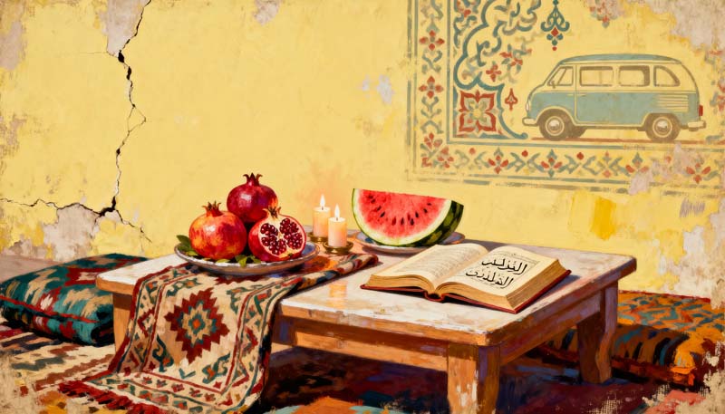 دانلود عکس هنری لارج فرمت میز یلدا در اتاق زرد
