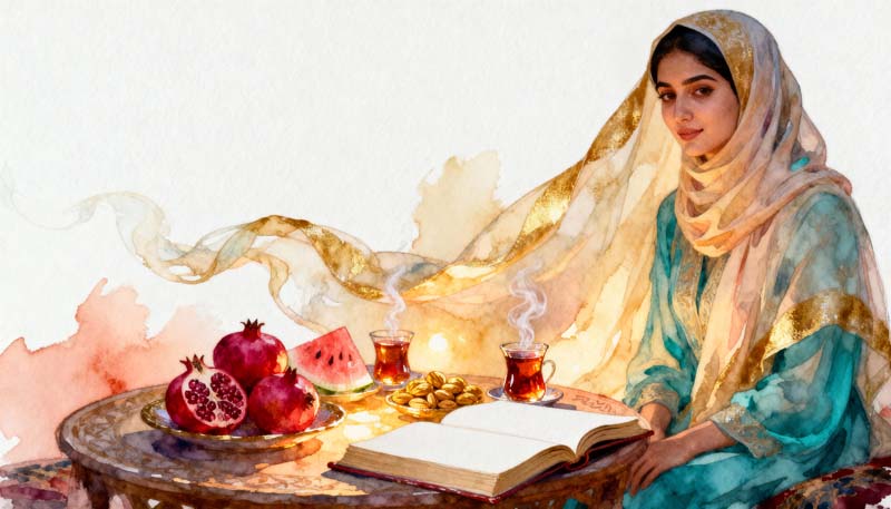 تصویر هنری شب یلدا با زن اصیل