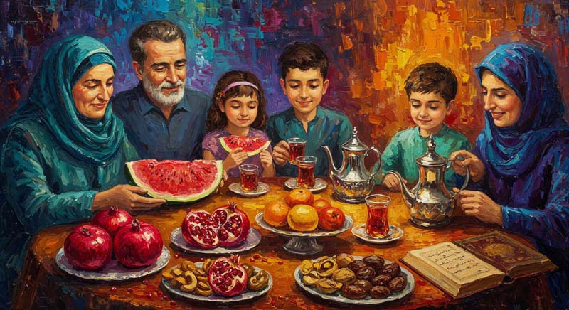 دانلود تصویر لارج فرمت هنری سفره یلدا سنتی با خانواده