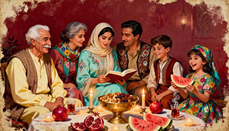 دانلود تصویر نقاشی شب یلدا با خانواده