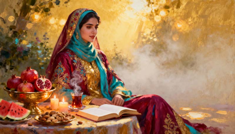 دانلود تصویر باکیفیت نقاشی شب یلدا و دختر زیبا