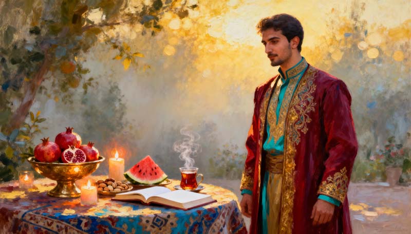 دانلود تصویر با کیفیت نقاشی شب یلدا با مرد سنتی