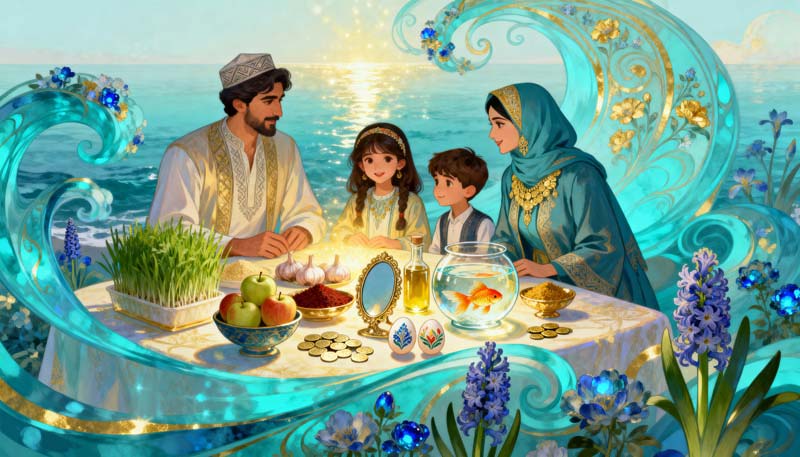 دانلود عکس گرافیکی سفره عید نوروز کنار دریا