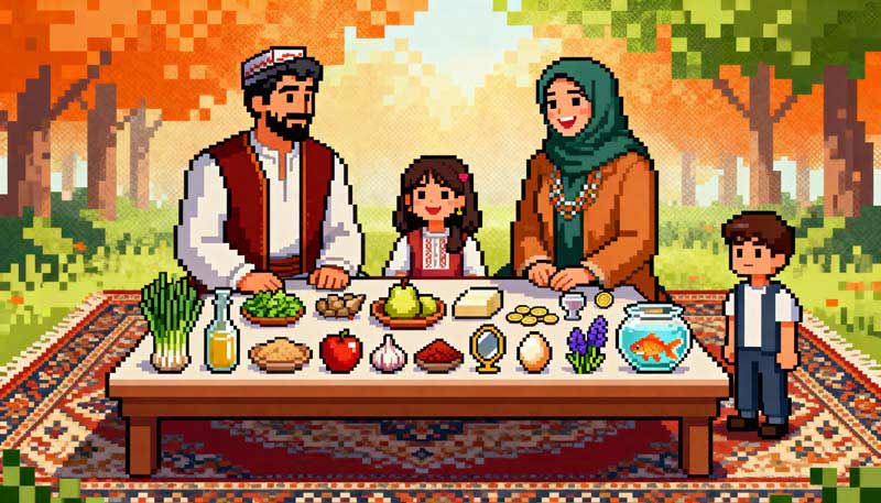 دانلود عکس گرافیکی سفره عید نوروز خانوادگی کارتونی در طبیعت