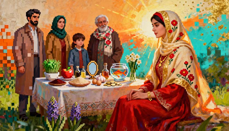 دانلود عکس گرافیکی سفره عید نوروز کنار خانواده شلوغ