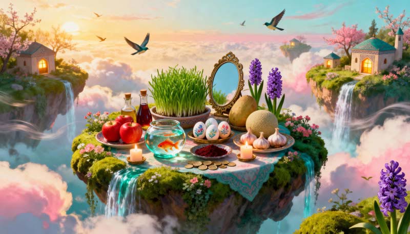 عکس گرافیکی سفره تحویل سال نو روی ابرها