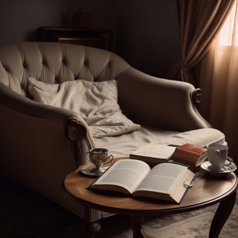تصویر لارج فرمت از کتاب باز روی میز عسلی