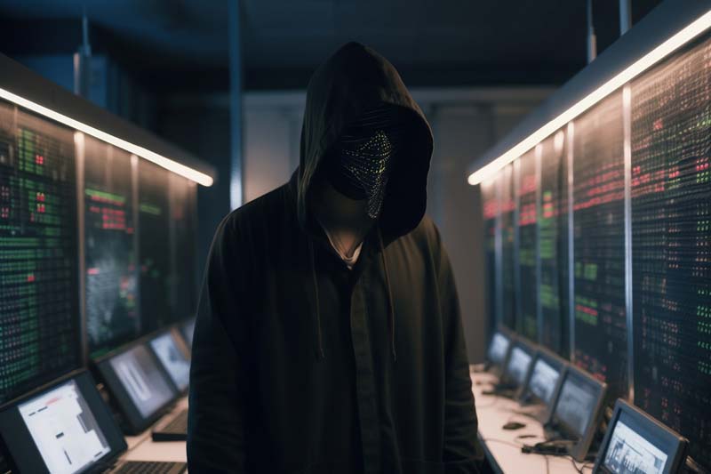 تصویر با کیفیت هکر در اتاق پر از کامپیوتر