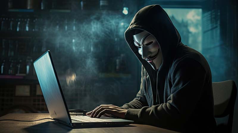 تصویر با کیفیت هکر سایبری با ماسک سفید