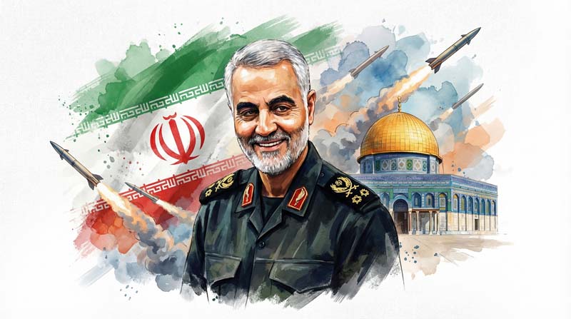 تصویر قاسم سلیمانی و پرچم ایران و قدس و موشک جنگی