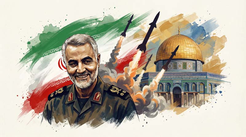 تصویر قاسم سلیمانی و پرچم ایران و بیت المقدس و موشک