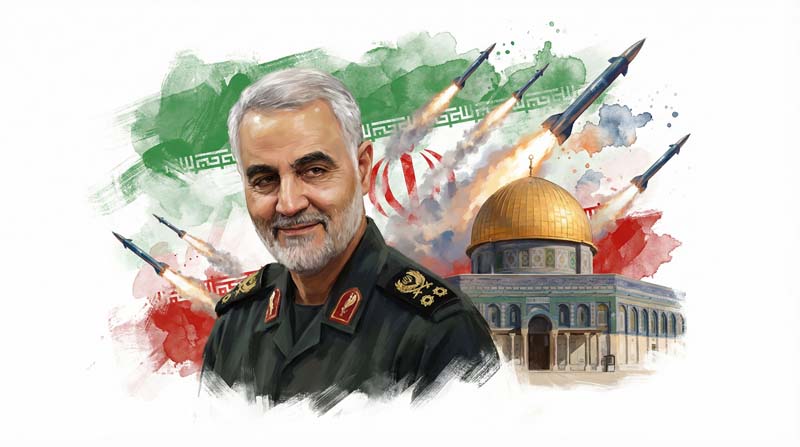 تصویر قاسم سلیمانی و پرچم ایران و بیت المقدس و موشک بالستیک