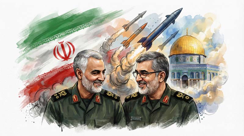 تصویر سرداران سلیمانی و حاجی زاده و پرچم ایران و قدس و موشک