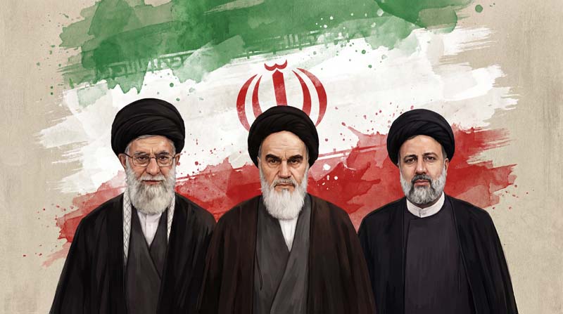 تصویر حضرت خمینی و حضرت خامنه ای و شهید رئیسی و پرچم ایران