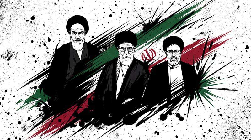تصویر امام خمینی و حضرت خامنه ای و آیت الله رئیسی و پرچم ایران