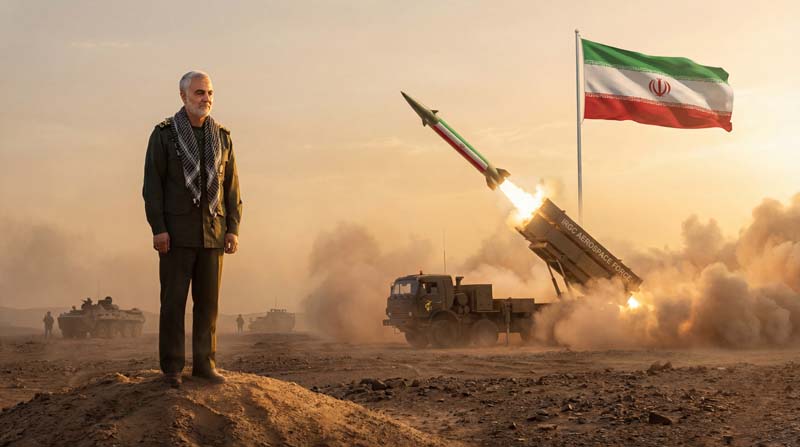 تصویر گرافیکی سردار سلیمانی با پرچم ایران و پرتاب موشک هایپرسونیک