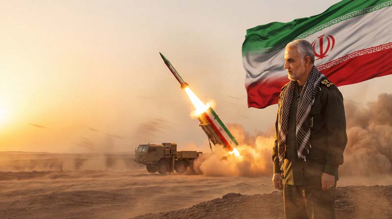 تصویر گرافیکی شهید سلیمانی با پرچم ایران و پرتاب موشک هایپرسونیک