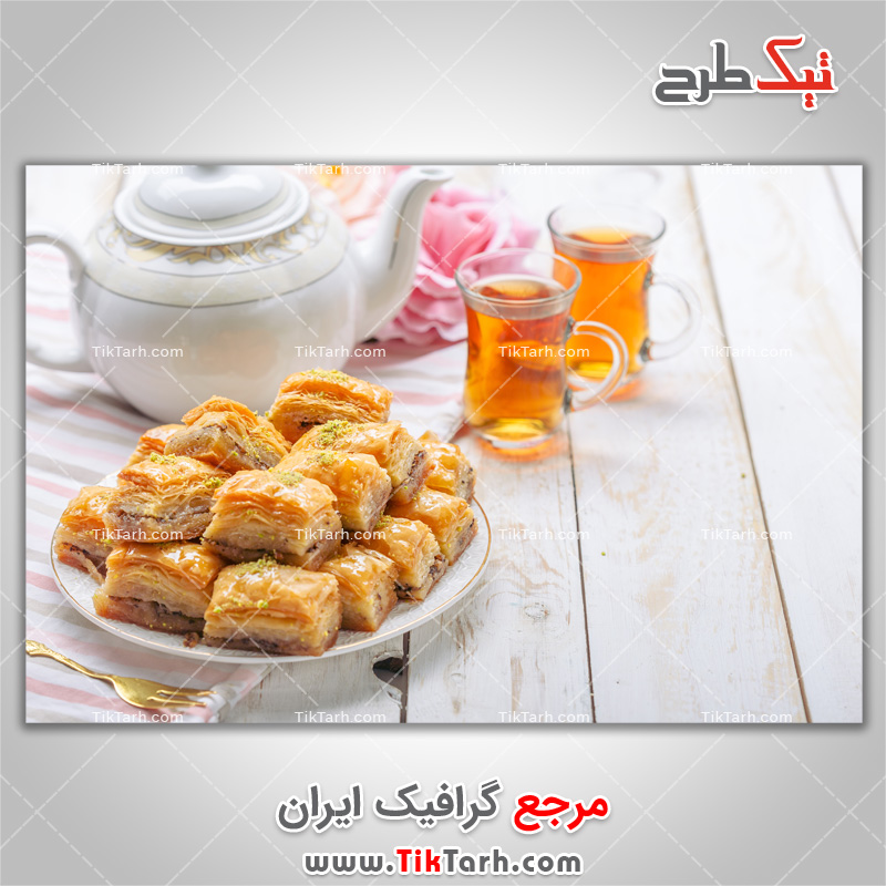 دانلود عکس با کیفیت چای فنجان با باقلوا
