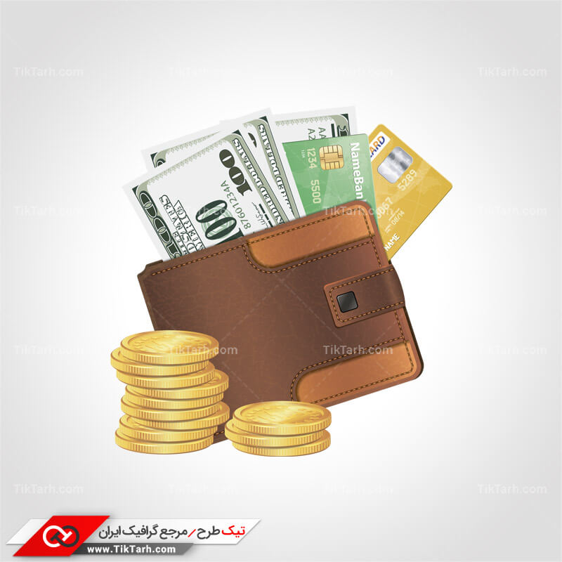 دانلود طرح لایه باز کیف حاوی دلار با سکه های طلا
