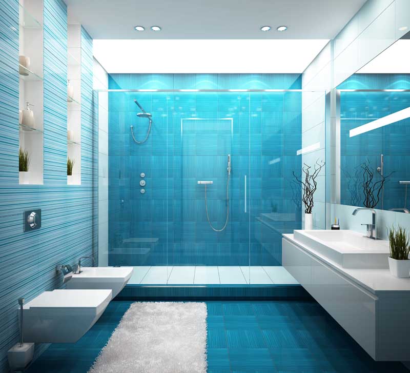 عکس با کیفیت از حمام با دیوار شیشه ای و کاشی آبی
