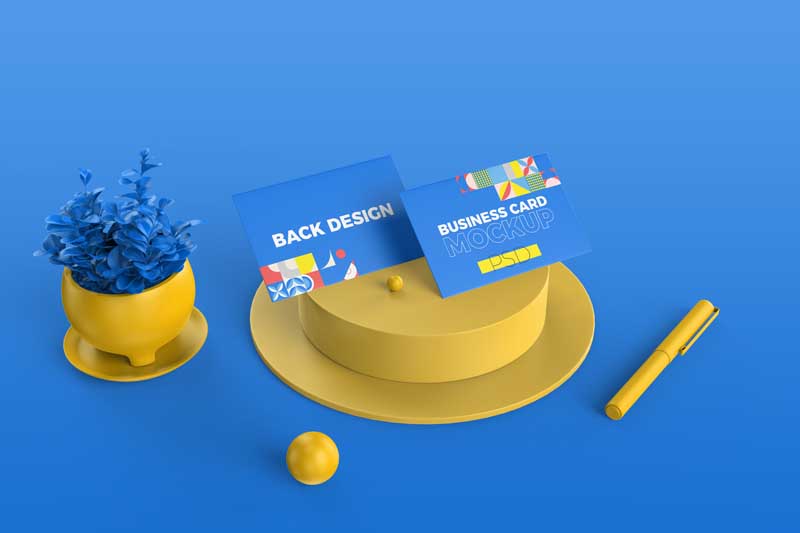 موکاپ کارت ویزیت کنار گلدان زرد