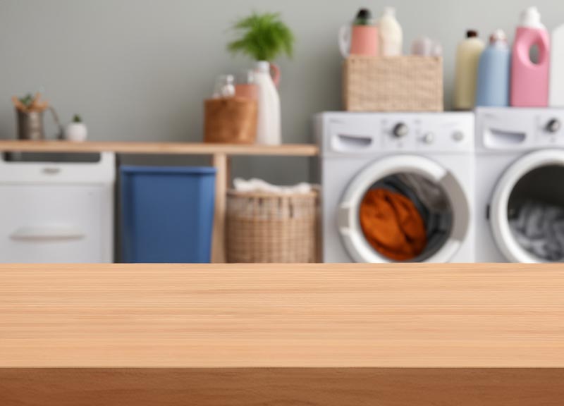 عکس با کیفیت میز چوبی و ماشین لباسشویی