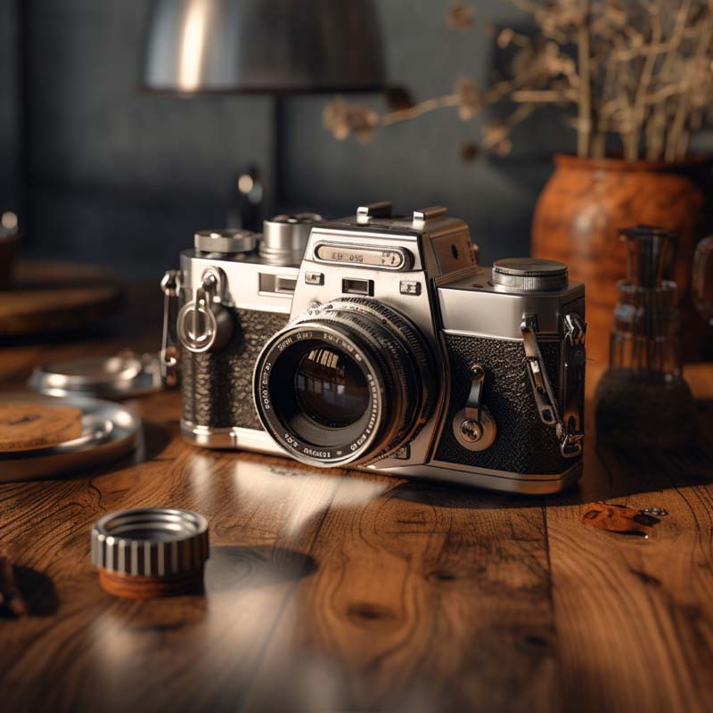 تصویر دوربین عکاسی روی میز چوبی