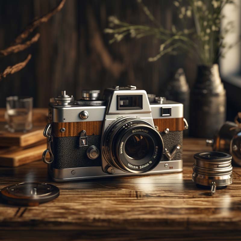 تصویر دوربین روی میز چوبی