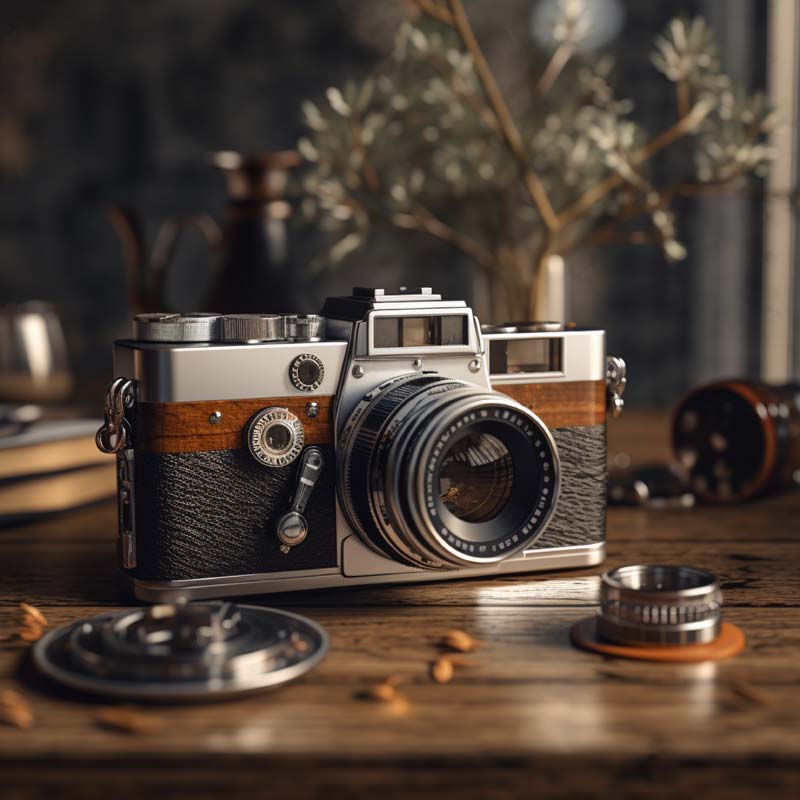 تصویر دوربین مشکی عکاسی روی میز
